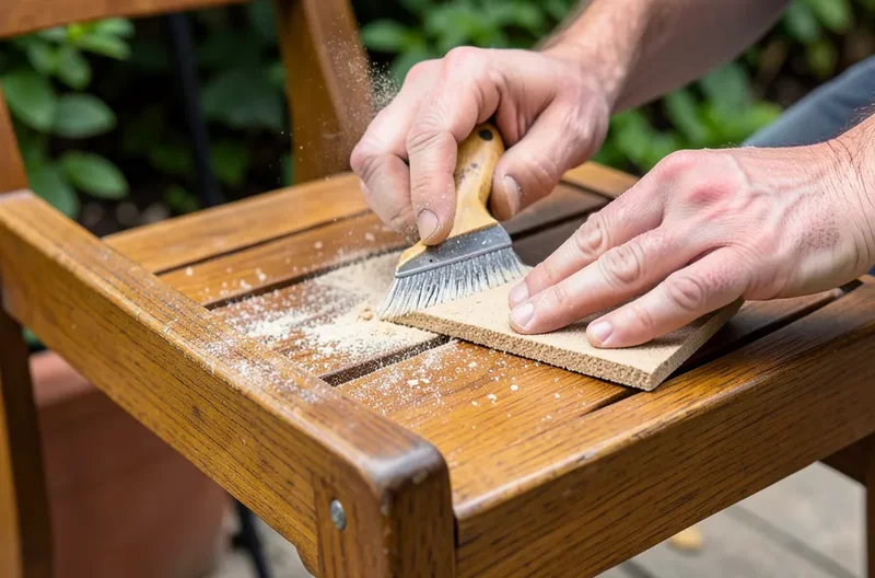 Hands sanding a teak wood outdoor chair to prep it for paint
