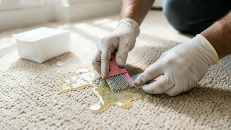 Scraping dried glue off carpet fibers with a plastic scraper