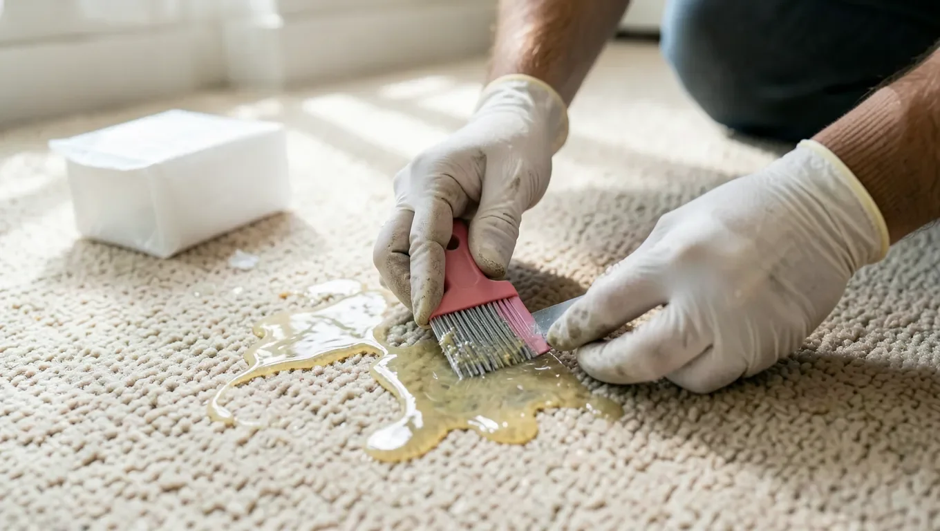 Scraping dried glue off carpet fibers with a plastic scraper