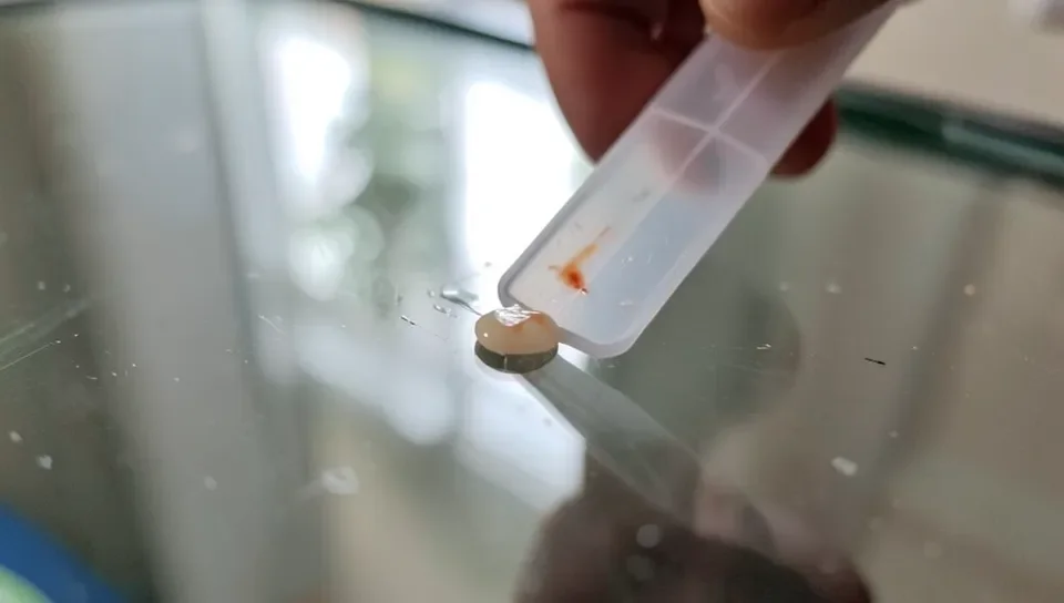 Using a plastic scraper to gently lift dried glue off a glass surface