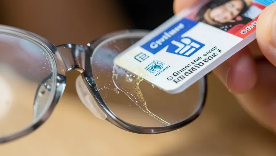 Scraping dried glue off an eyeglass lens with a plastic edge