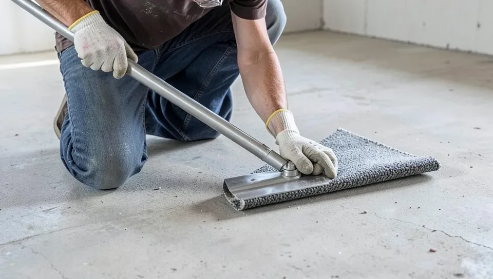 A floor scraper lifting a cut carpet strip off a concrete subfloor