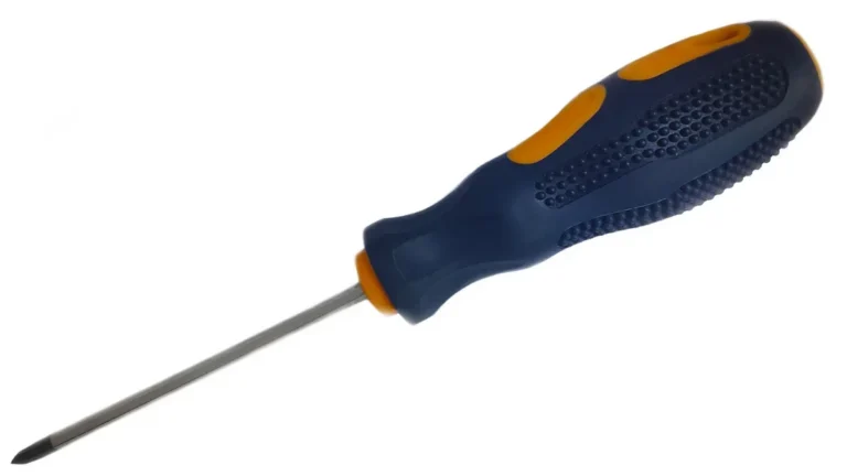 Phillips screwdriver with a blue and orange grip on a white background