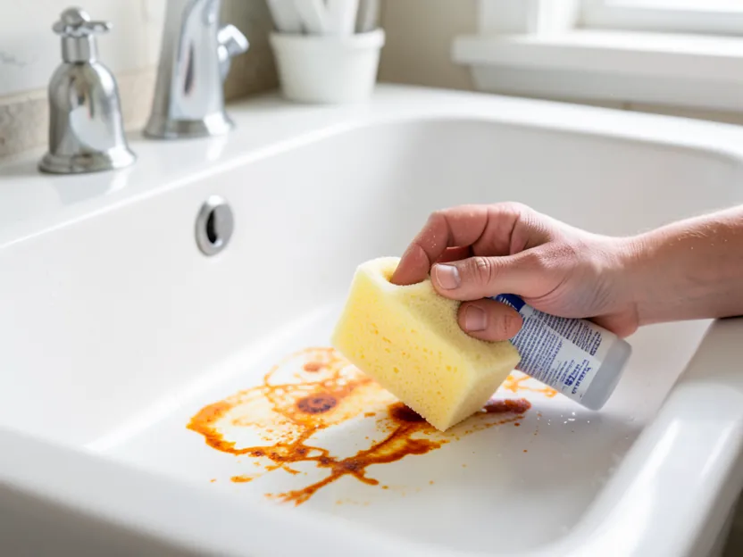 Scrubbing an orange rust stain in a white fiberglass tub with a sponge and rust remover spray