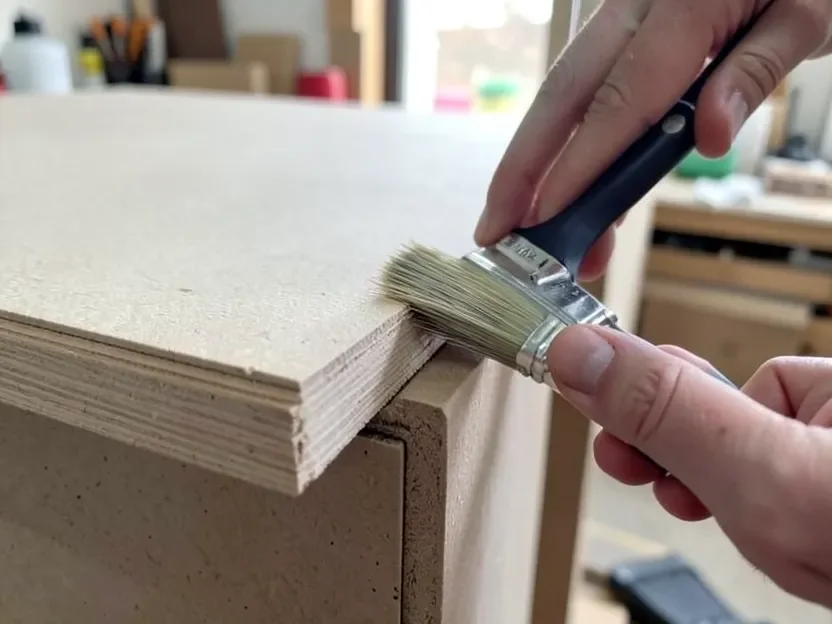 Brushing shellac sealer onto the raw cut edge of an MDF cabinet door