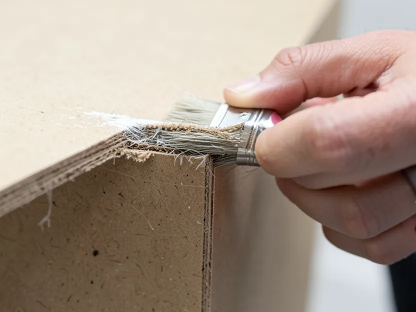 Brushing edge sealer onto the raw cut edge of an MDF furniture panel before painting