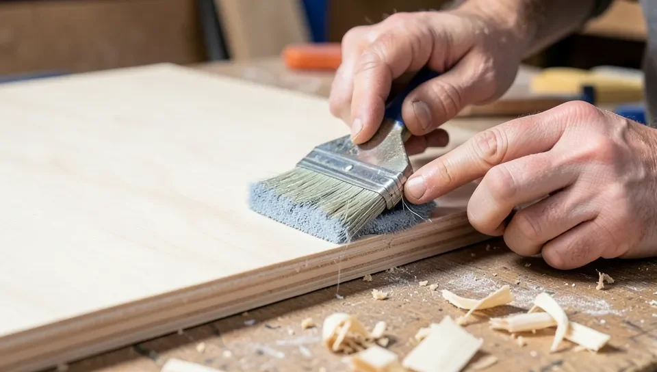 Applying clear polyurethane sealant to a raw MDF board edge with a foam brush