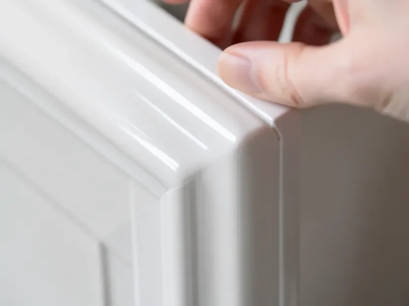 Close-up of semi-gloss white paint on wood trim showing a smooth durable finish