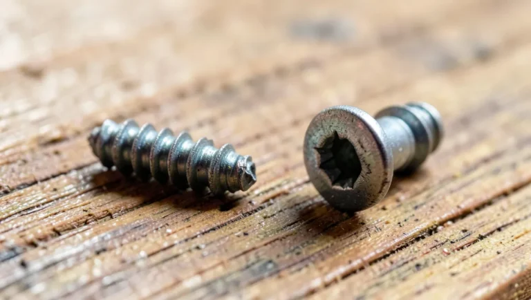 A sheet metal screw with full-length threads next to a wood screw with a smooth shank, on a wood plank