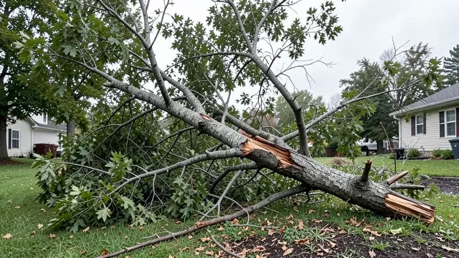 Silver maple branch broken and fallen in a yard after a storm, showing brittle wood