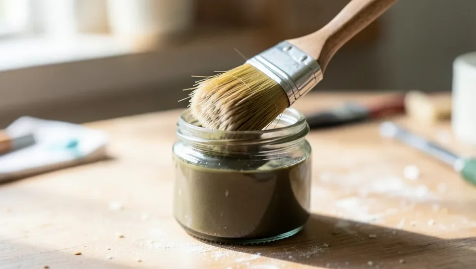 A paint brush soaking bristles-down in a jar of mineral spirits