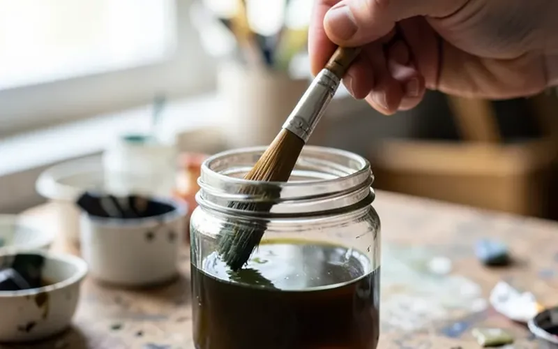 hand dipping a paint brush into a jar of clear solvent to clean off oil-based paint