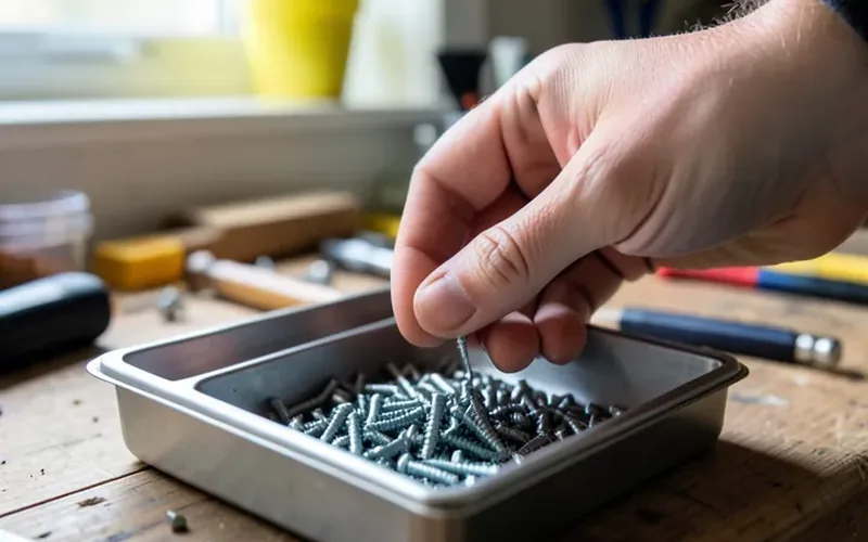 Sorting loose screws using a magnetic parts tray in a home workshop