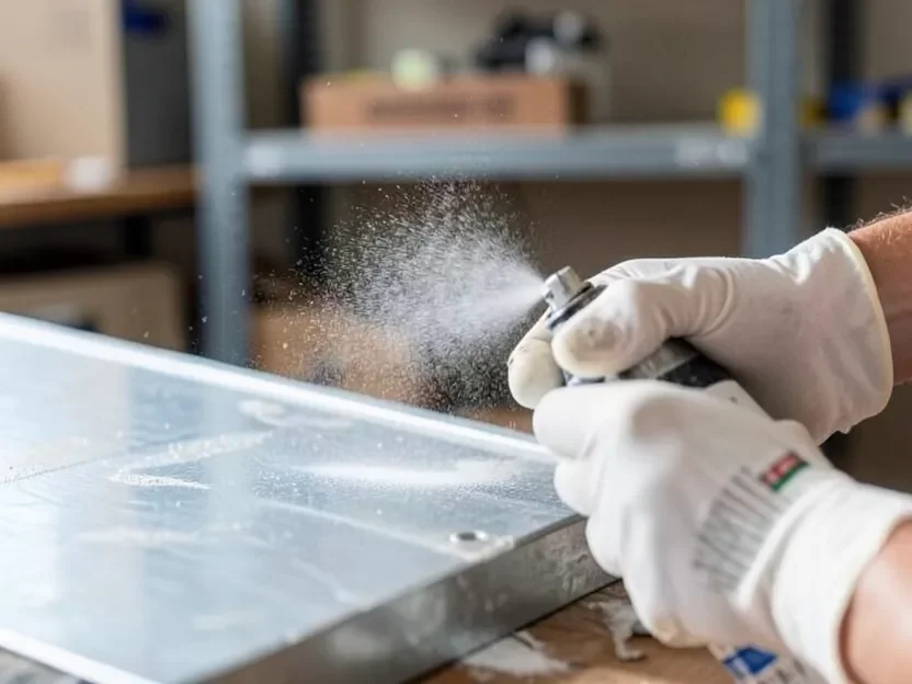 Gloved hands spray-priming a piece of galvanized steel sheet metal in a workshop