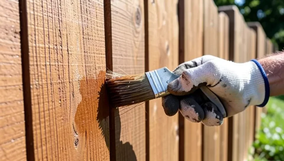 Gloved hand applying brown wood stain and sealer to a wood privacy fence board with a paintbrush