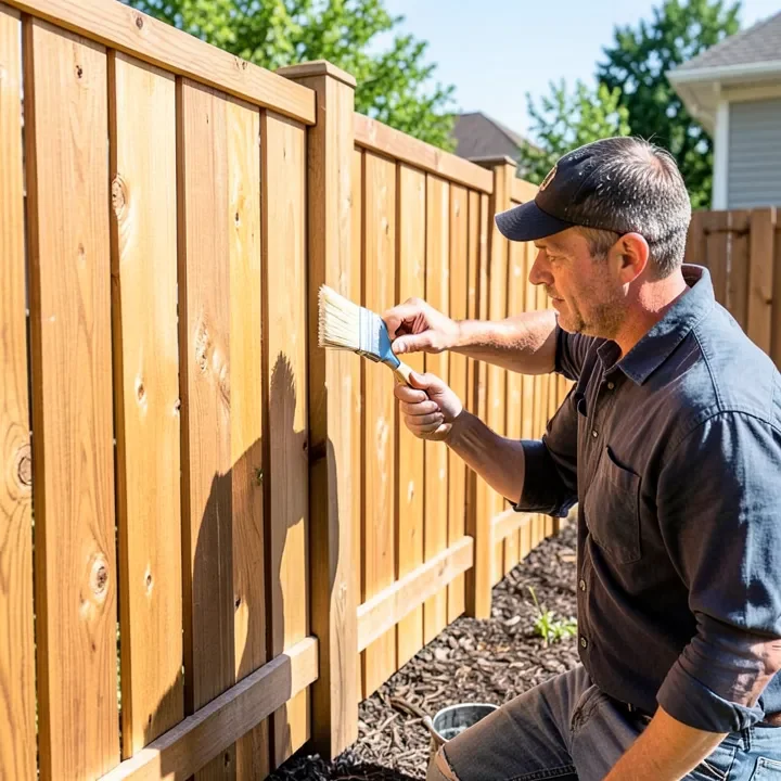 Applying sealant to a finished wood fence to protect it from weather