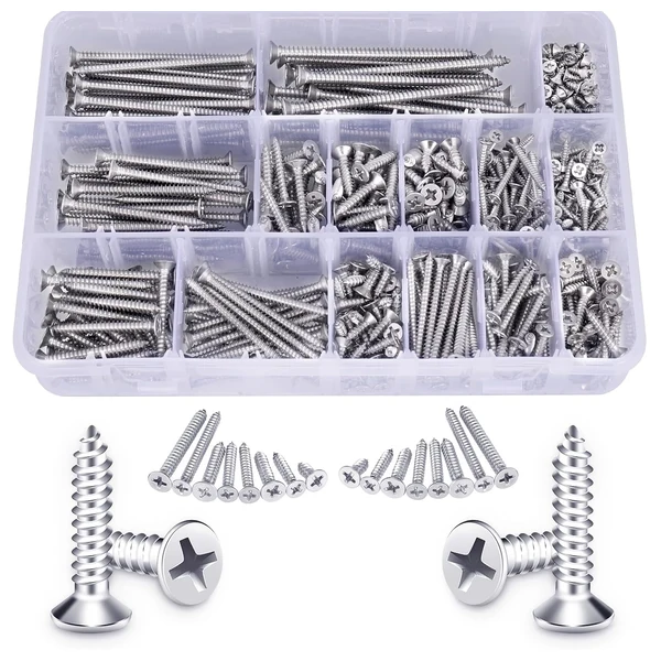 Stainless steel self-tapping wood screw assortment kit with case
