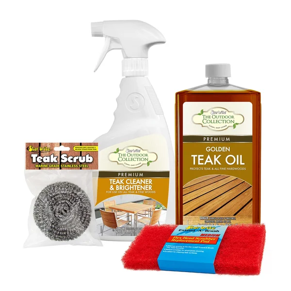 Star Brite Teak Care Kit with cleaner and brightener spray, golden teak oil, scrub pad, and stainless scrubber