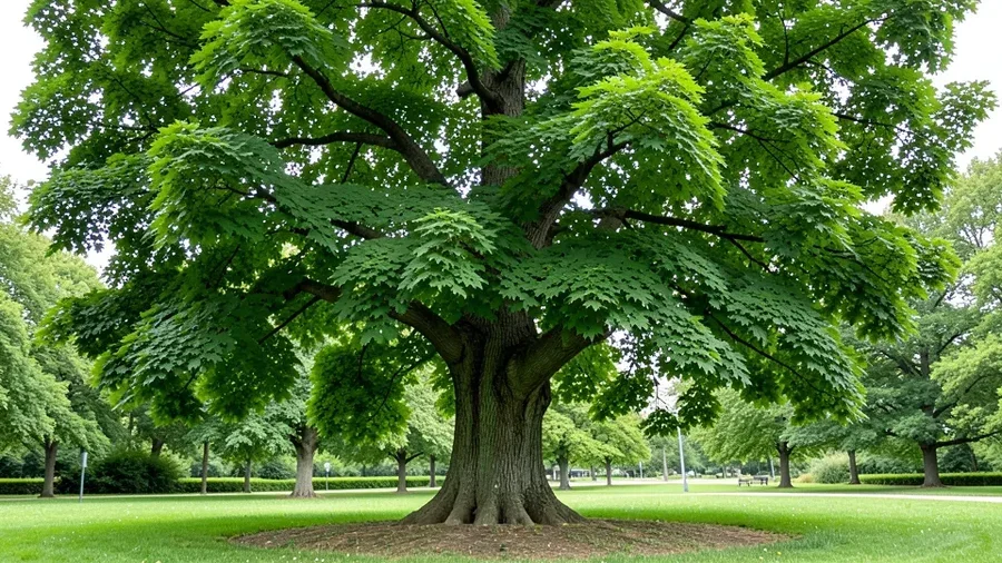 Healthy mature sugar maple tree with a thick strong trunk and full canopy