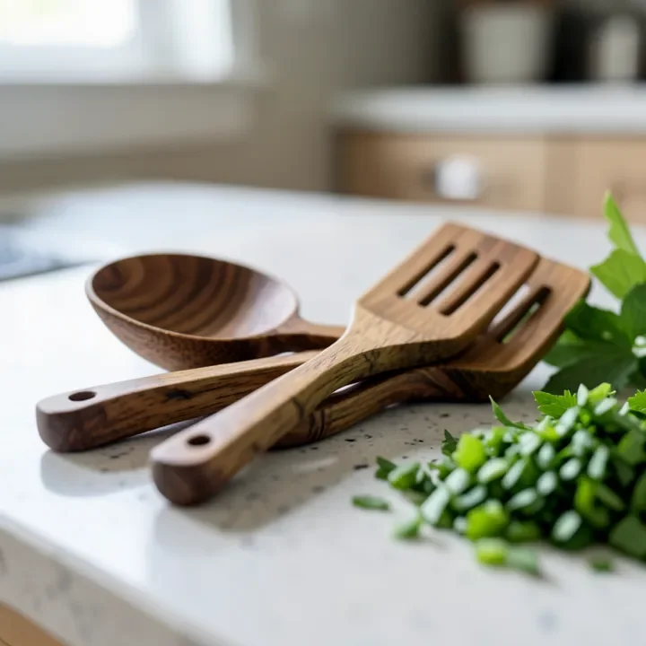 Teak wood cooking spoons and spatula on a kitchen countertop with fresh herbs
