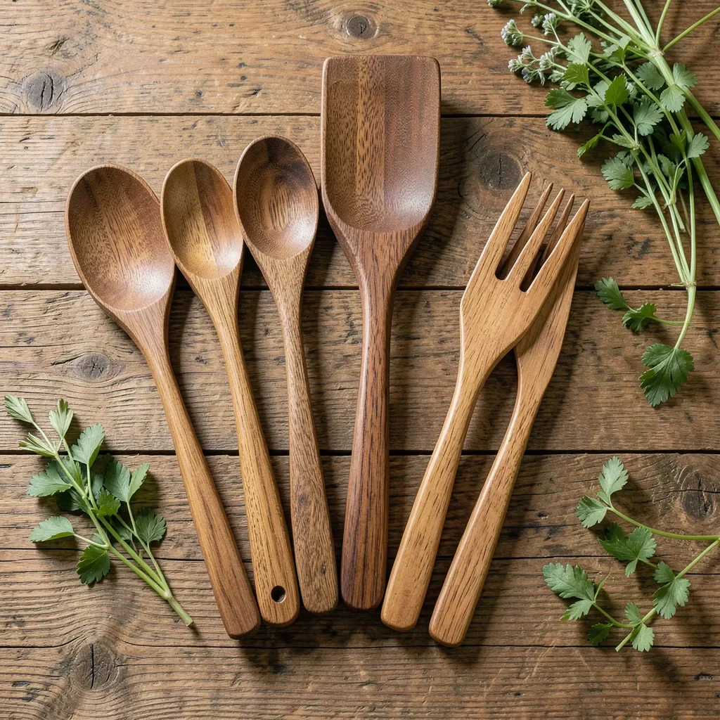 Teak wood kitchen utensils including spoons, spatula, and fork arranged on a wood countertop