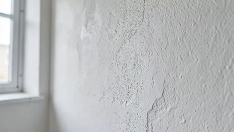 Freshly applied wall texture with a visibly damper patch next to a lighter, dry section before painting