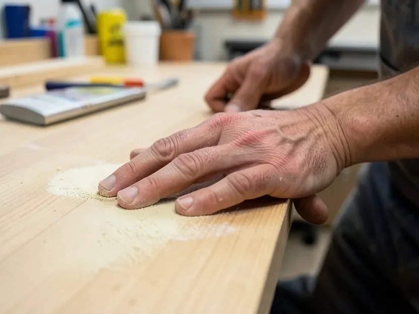 Touch-testing a wood surface for tackiness after liquid sandpaper deglosser before painting
