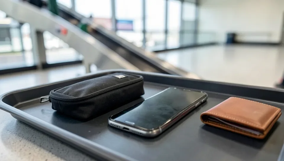 TSA security screening tray with a zippered tool pouch at an airport checkpoint