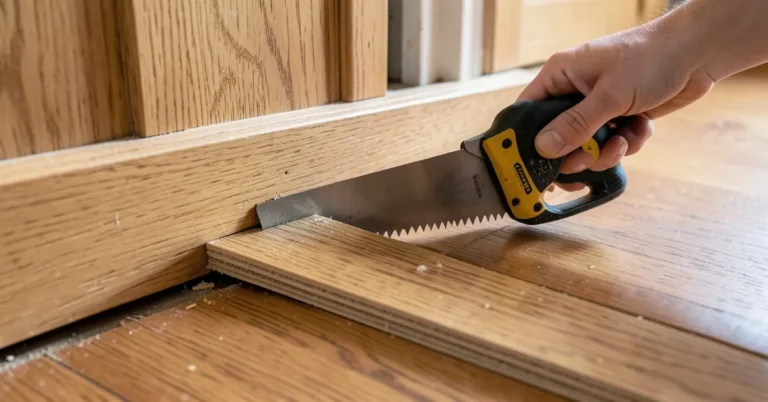 Using a flush-cut jamb saw to undercut a door casing for new hardwood flooring