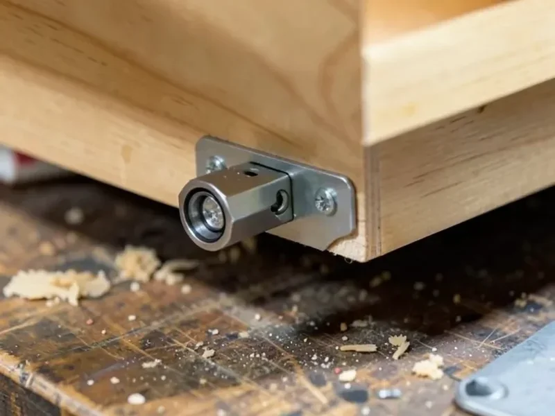Undermount soft-close drawer slide bracket mounted to the underside of a wooden drawer box