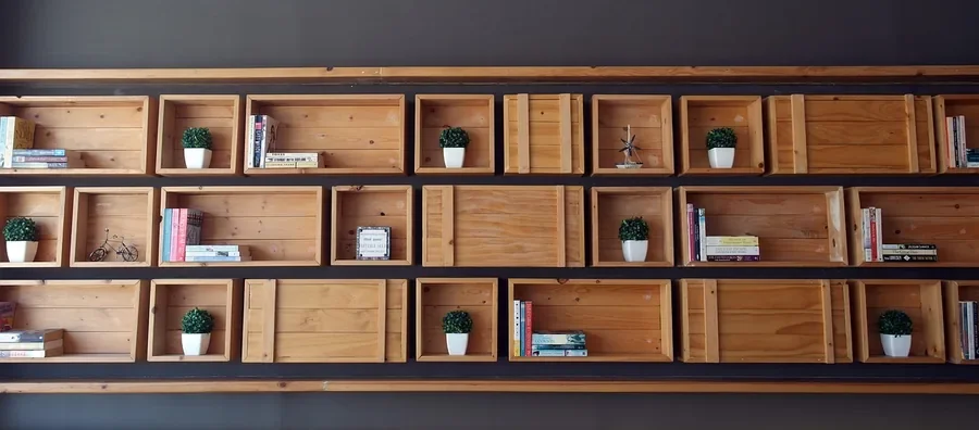 Wall-mounted wooden box shelves holding books and small potted plants Wall-mounted wooden box shelves holding books and small potted plants