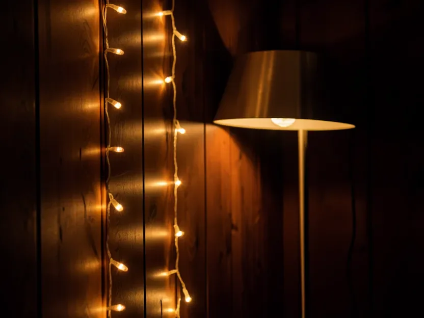 Warm string lights and a floor lamp glowing against a dark wood paneled wall in the evening