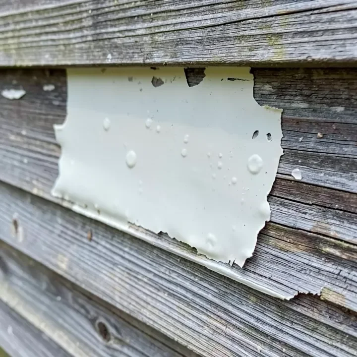 peeling flat paint blistering off an exterior wood siding board