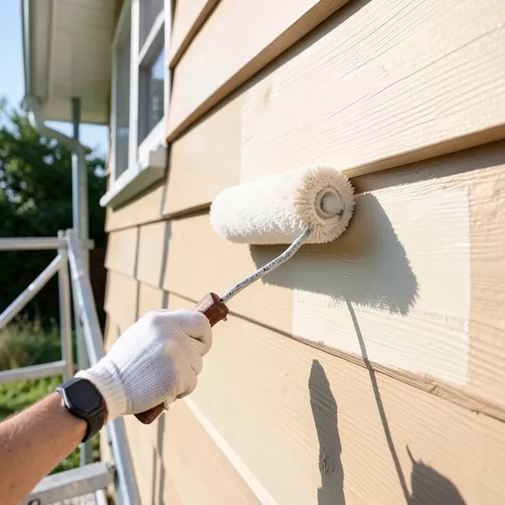 painter rolling satin finish paint onto exterior wood siding
