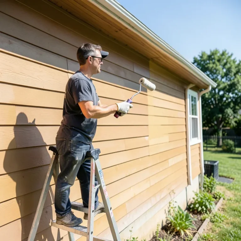 homeowner painting exterior wood siding with a roller on a ladder