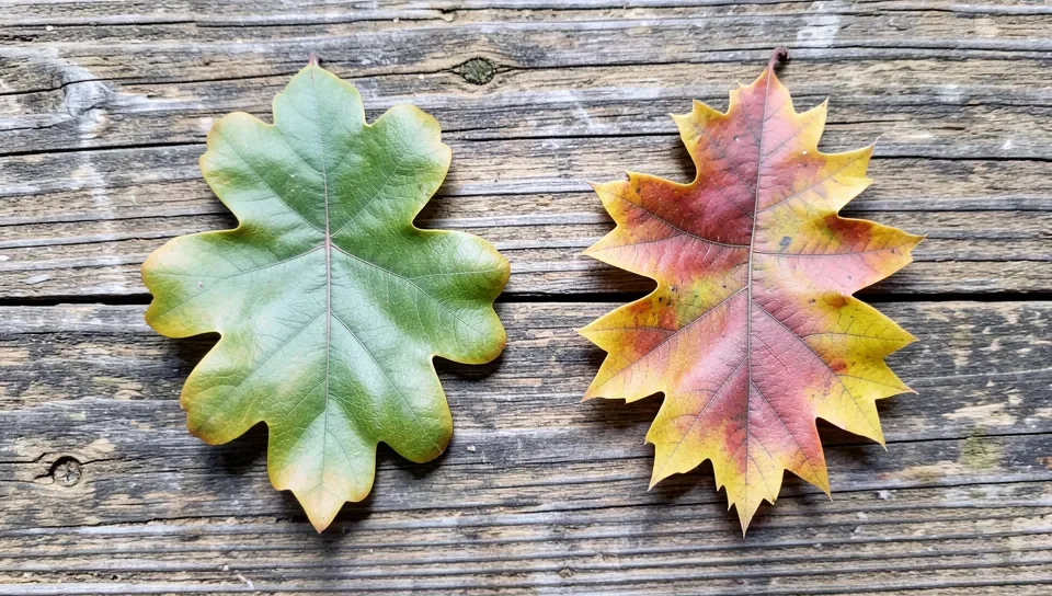 White oak leaf with rounded lobes next to a red oak leaf with pointed bristle-tipped lobes