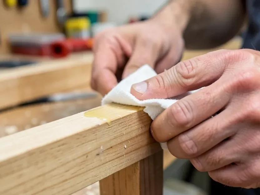 Woodworker wiping excess wood glue squeeze-out from a joint with a damp cloth