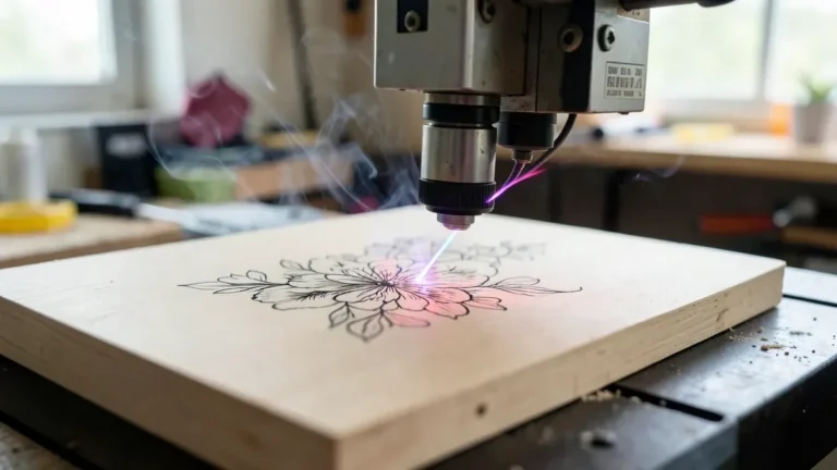 Diode laser engraver burning a floral design into a light wood board