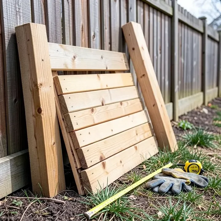 Cedar fence boards and pressure-treated posts staged in a backyard before building a wood fence