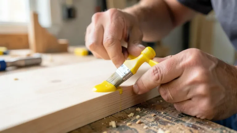 Woodworker applying wood glue with a brush to a wooden board edge