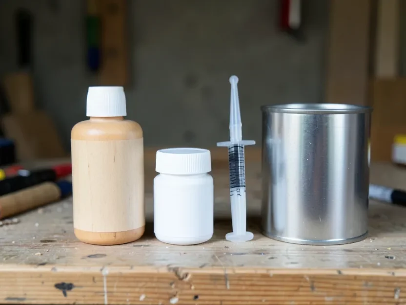 Wood glue, epoxy, and contact cement containers arranged on a workshop shelf