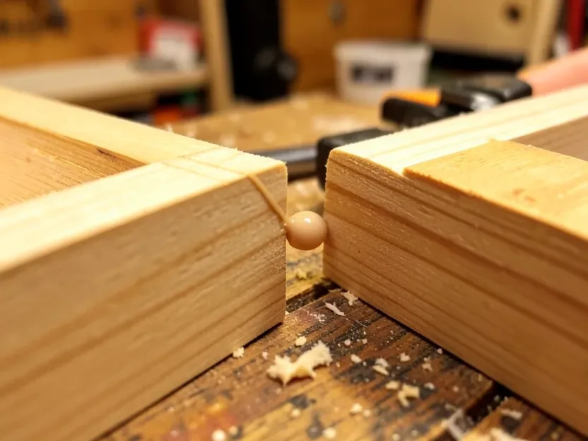 Bead of wood glue squeezing out from a clamped wood joint, showing proper glue coverage