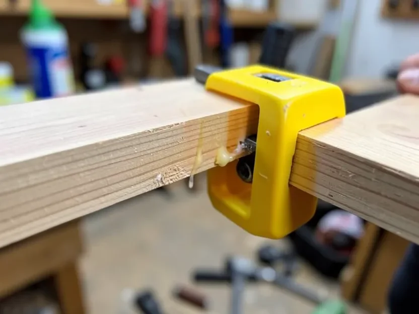 Wood joint clamped with glue squeeze-out visible at the seam