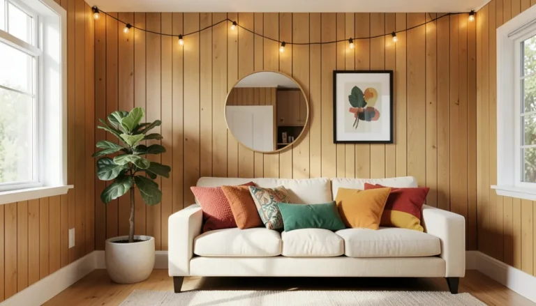 Living room with warm wood paneling styled using decor, lighting, and textiles instead of paint