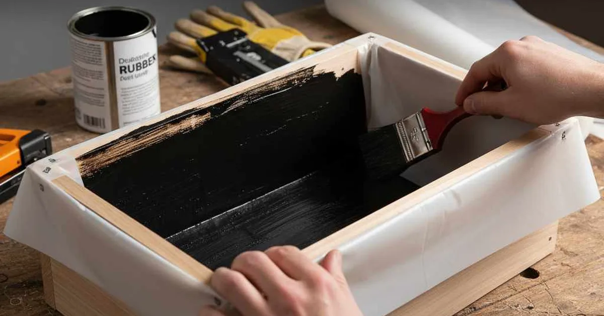 Applying black waterproof sealant to the inside of a wood planter box with a brush