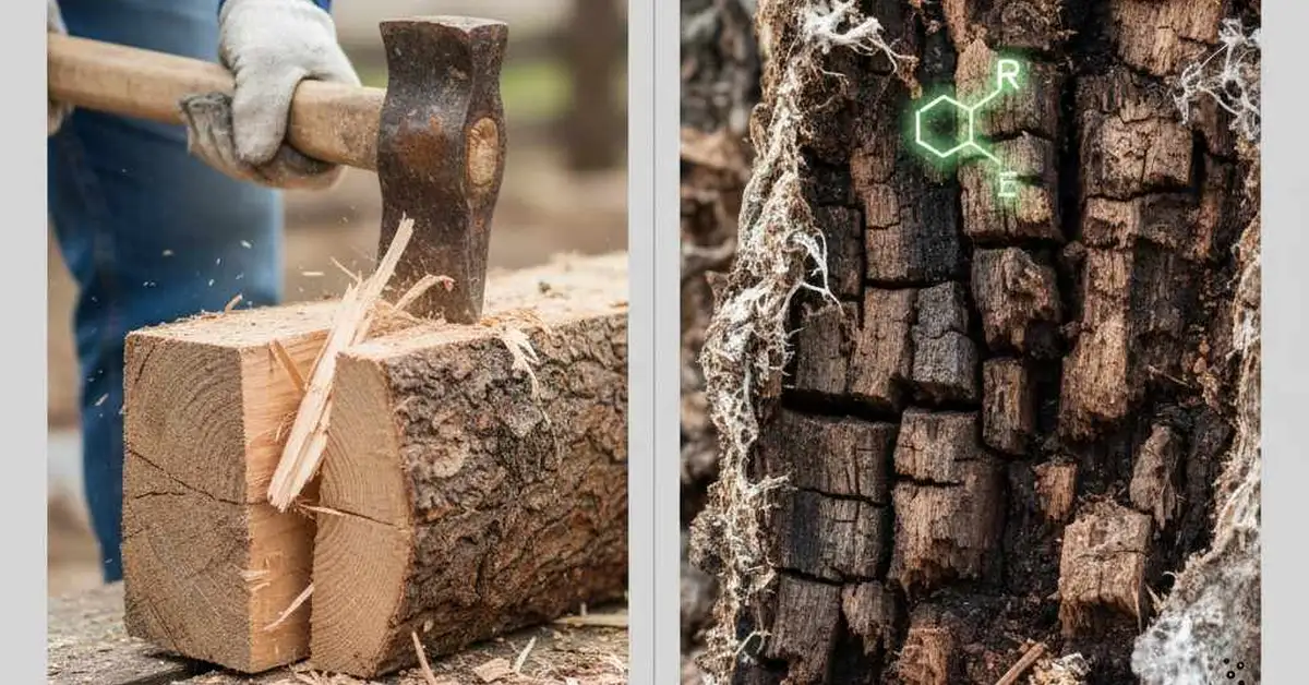 Wood split physically with an axe next to wood decayed by chemical rot