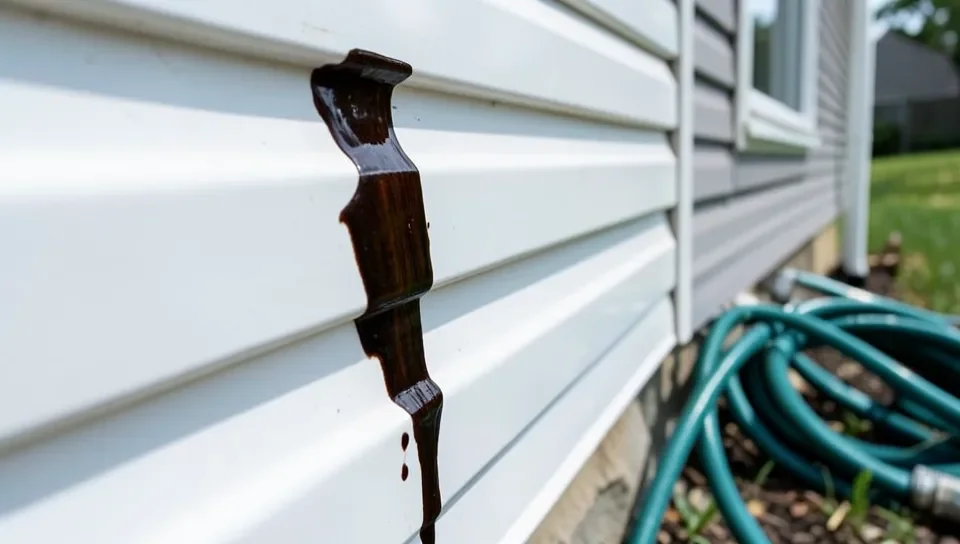 A dark oily wood-stain drip stain on white vinyl siding