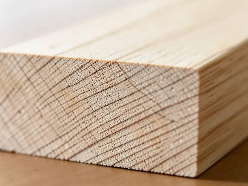 Close-up of ash hardwood board grain and end cut showing dense straight grain
