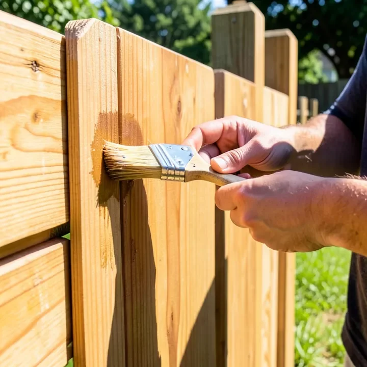 Person applying stain and sealer to a cedar fence panel with a brush