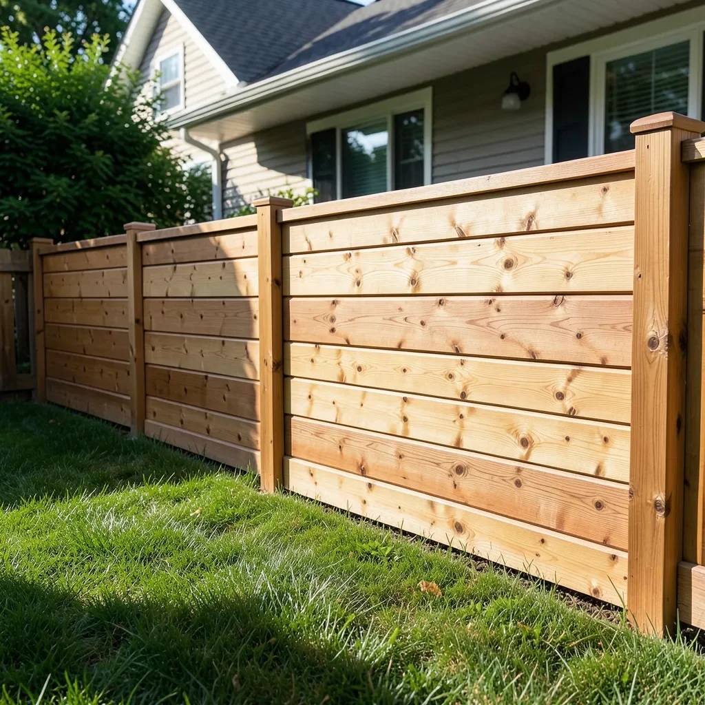 Newly installed cedar wood privacy fence panel in a backyard